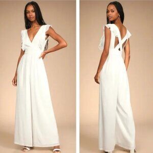 NEW Lulus Love You for a Lifetime White Ruffled Wide-Leg Jumpsuit Sz S
